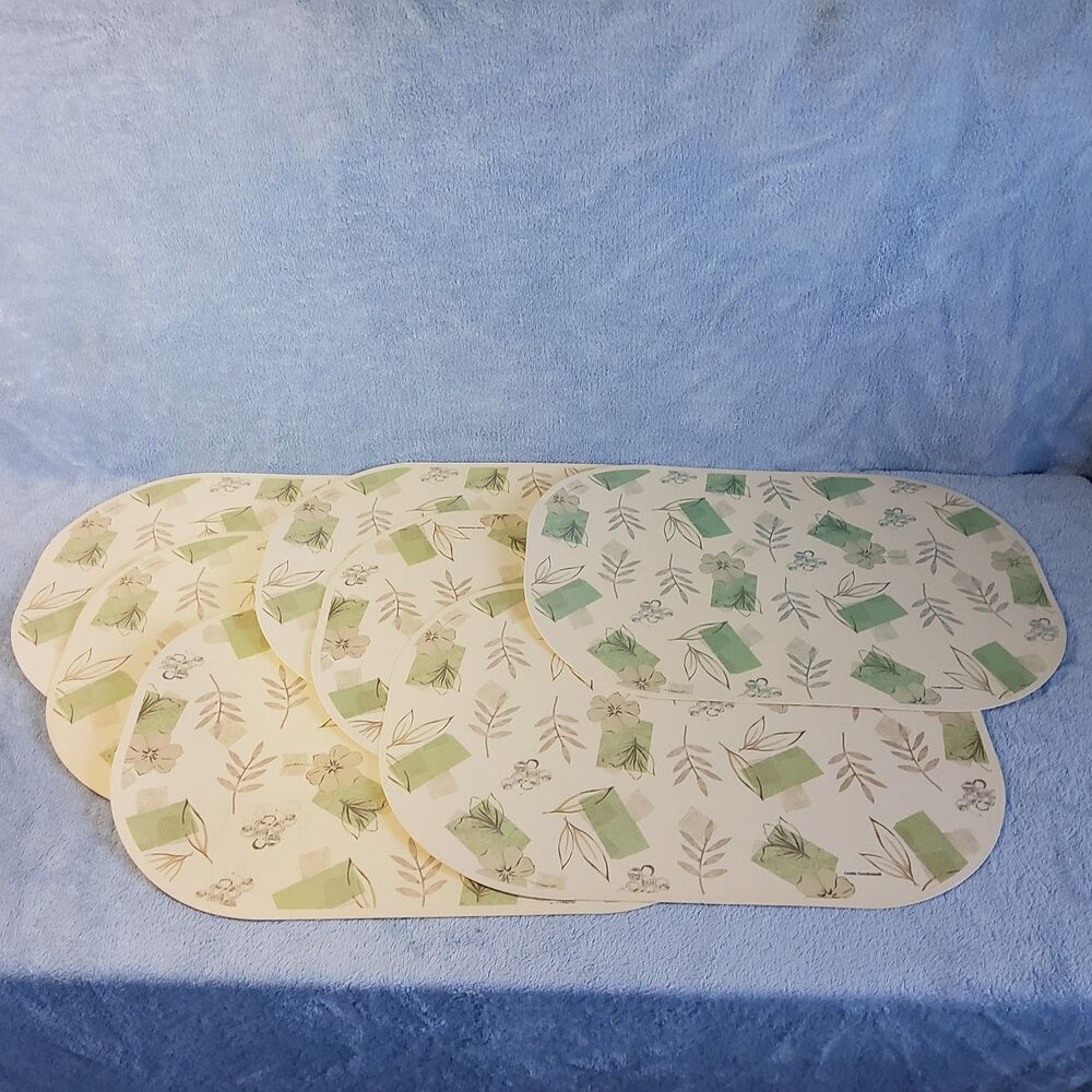 (7) Vintage Corelle Coordinates Placemats Green Floral Leaves Oval Reversible